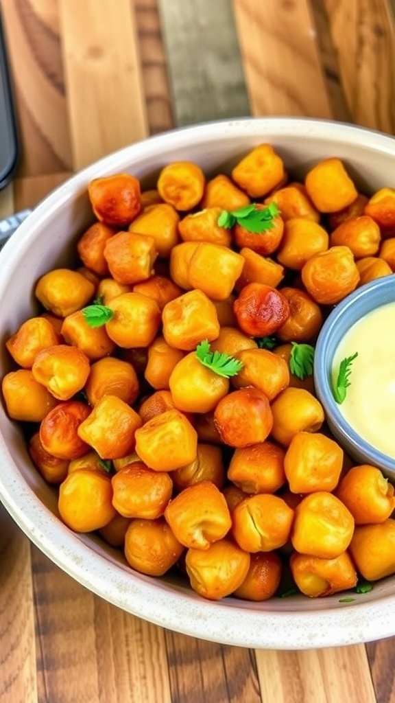 Crispy air fryer chickpeas in a bowl, garnished with herbs, on a rustic kitchen table.